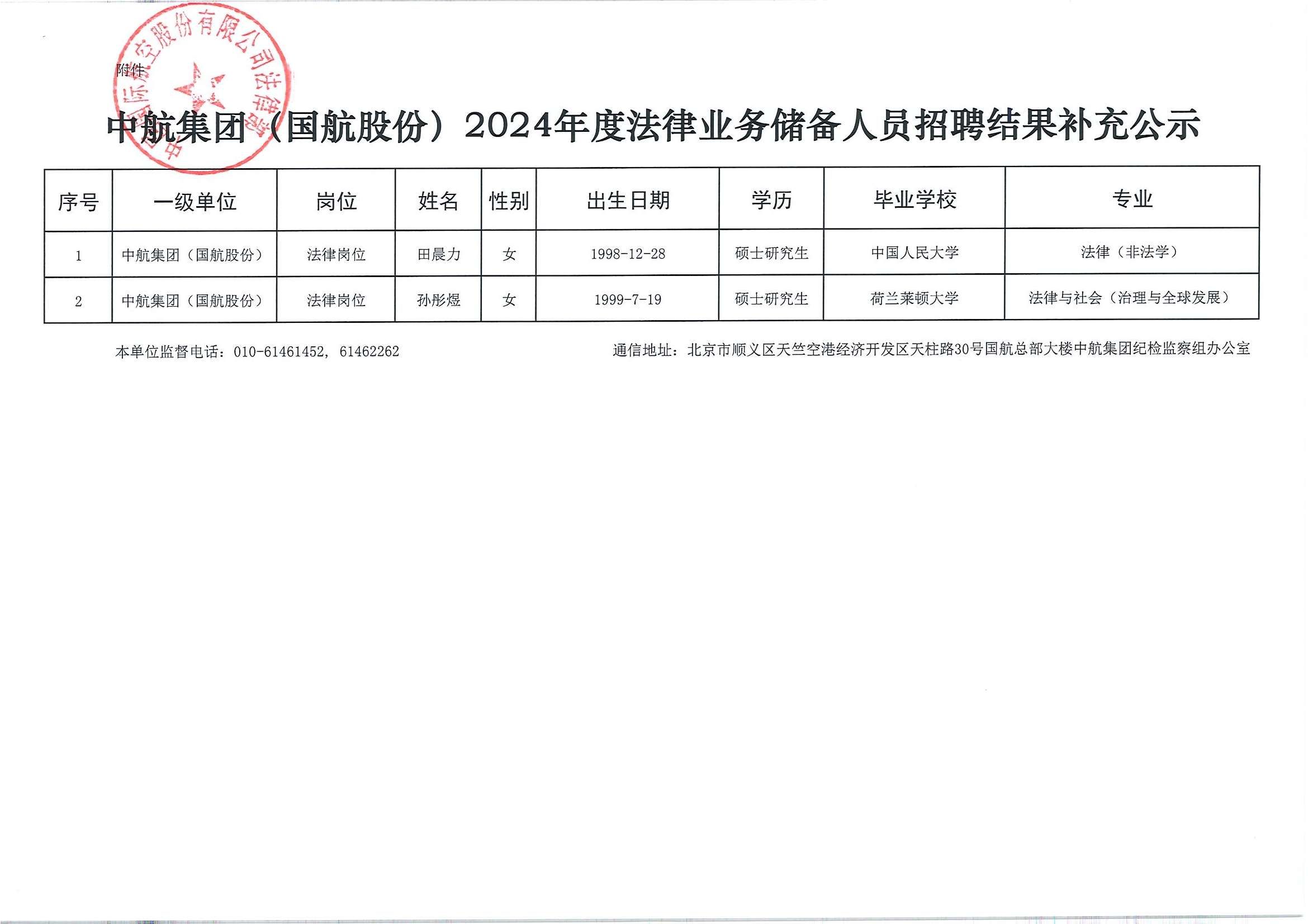 中航集团（国航股份）2024年度法律业务储备人员招聘结果补充公示