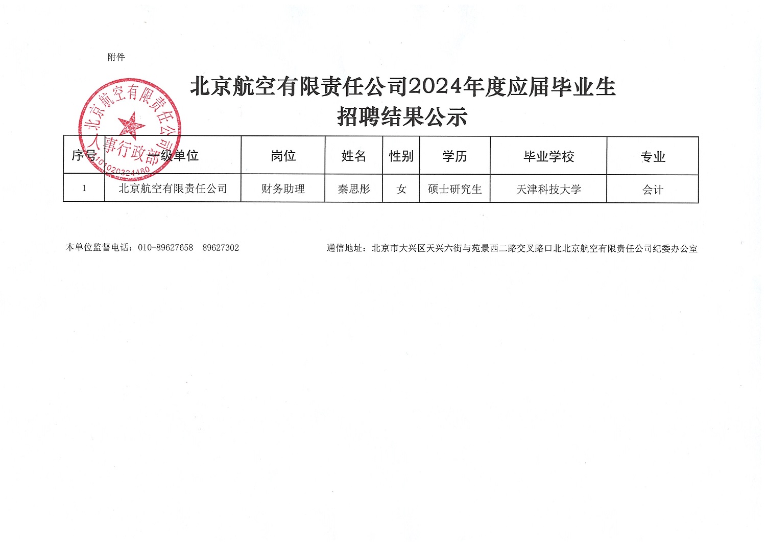 北京航空有限责任公司2024年度应届毕业生招聘补录公示