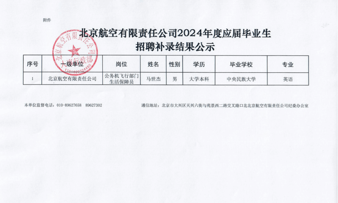 北京航空有限责任公司2024年度应届毕业生招聘结果补录公示